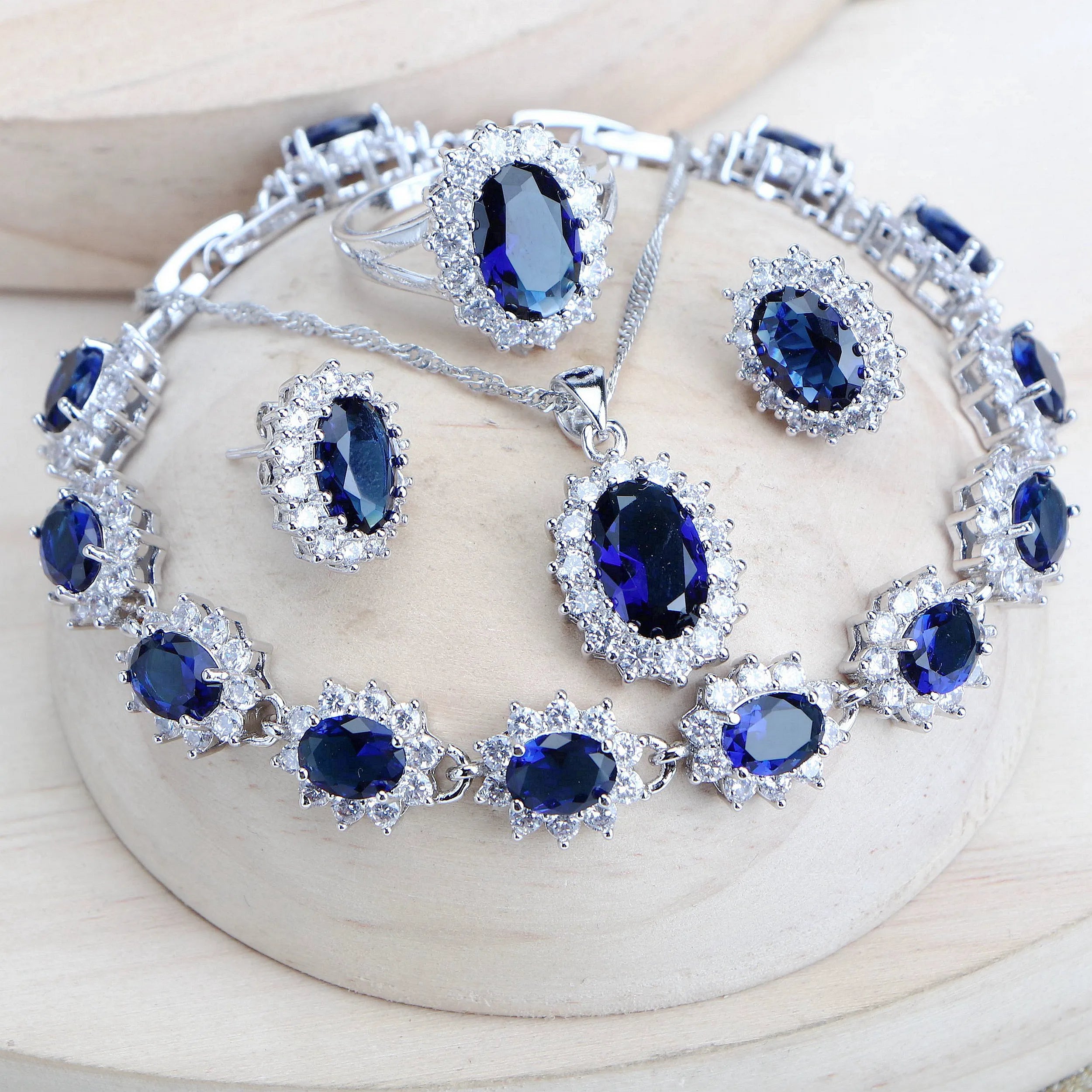 Silber 925 Frauen Schmuckset Blau Zirkonia Feine Schmuck Halskette Ohrringe Ringe Armbänder Anhänger Set