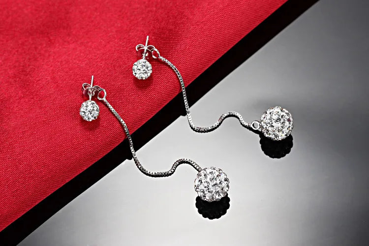 925 Sterling Silber Strass Ohrringe Doppel Kristall Ball Lange Quaste Bolzen Ohrringe