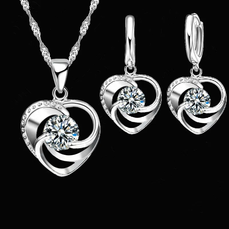 925 Sterling Silber gestempelt Halskette Ohrringe Set lange Kette süße romantische Stil Liebe Herzform